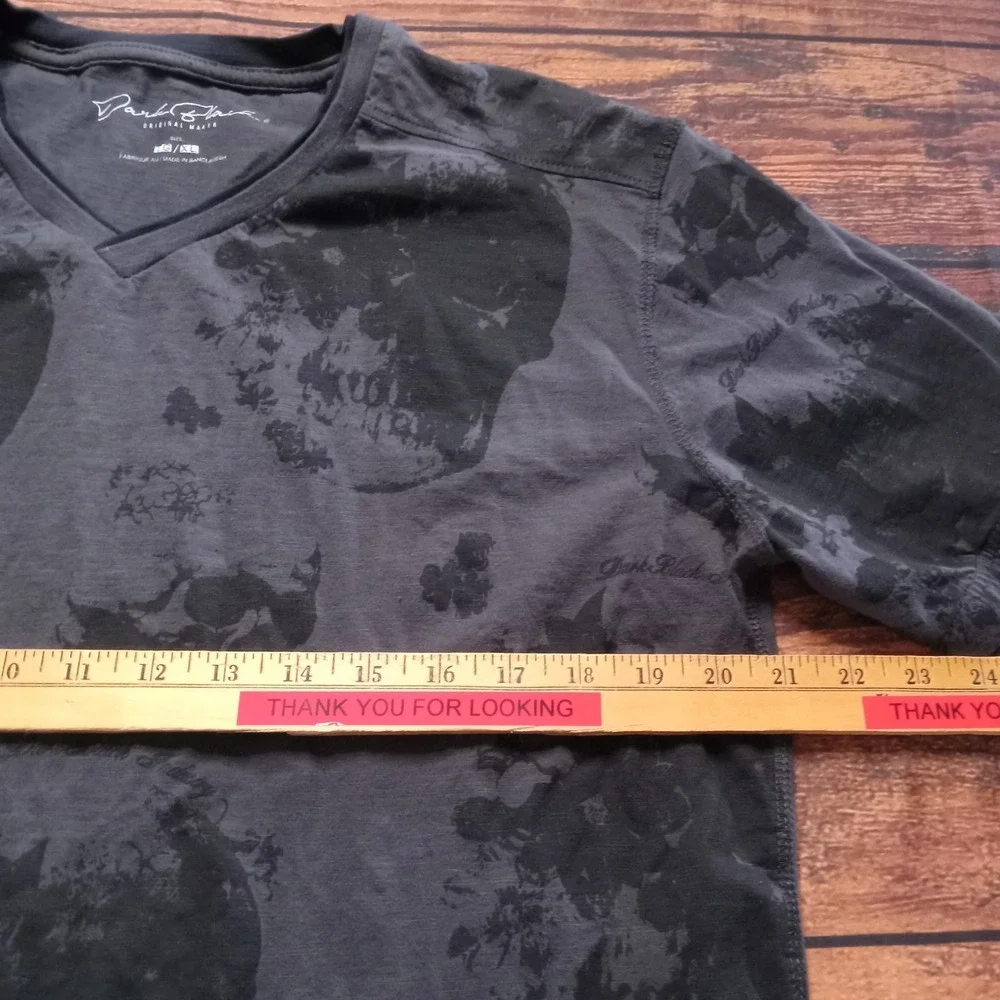 Dark Black Heavy Denim Skull Print Short Sleeve V-Neck‎ Shirt Men's XL Black